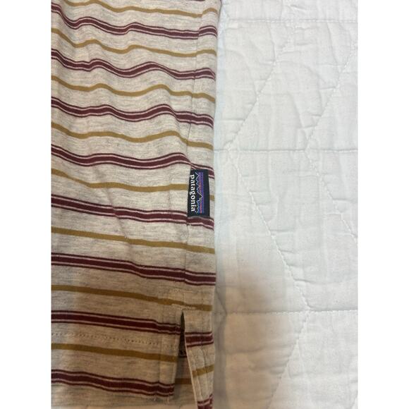 Patagonia Polo Shirt Mens Large Short Sleeve Striped Organic Cotton Pocket tan - Picture 6 of 7